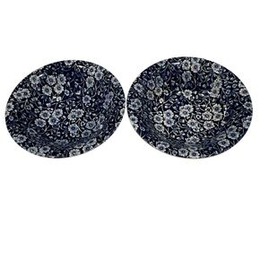 Calico staffordshire England blue white floral pattern 2 round cereal soup bowls